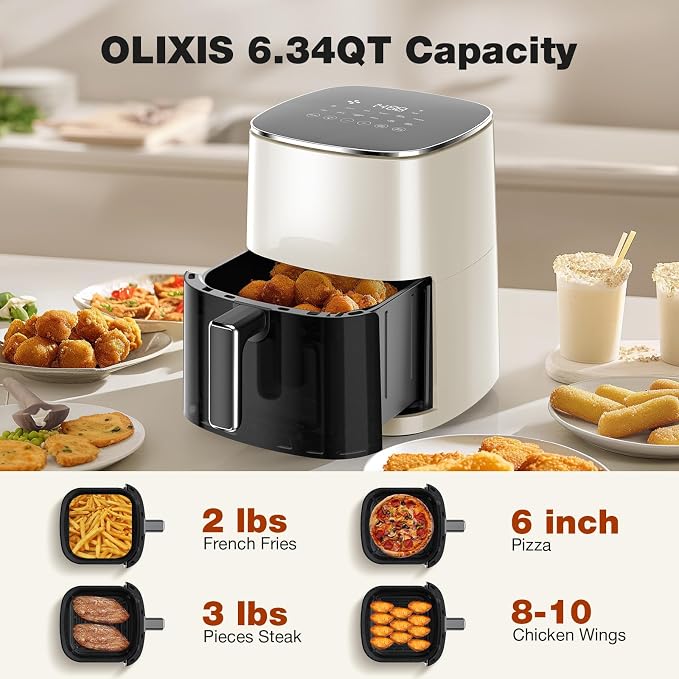OLIXIS 12-in-1 Air Fryer 6.34 Quarts, Visable Airfryer with Window, 400°F, Roast, Reheat, Dehydrate, Bake, Steam, Fries, Custard, Chicken, Wings, Sea Food, Vegetabels, Pearl White