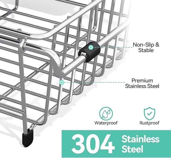 Urackify 304Stainless Steel Expandable Over Sink & in Sink Dish Rack,Silver | Fits over sink for direct drainage, expandable 15-23 inches saves counter space, includes utensil and cup holder