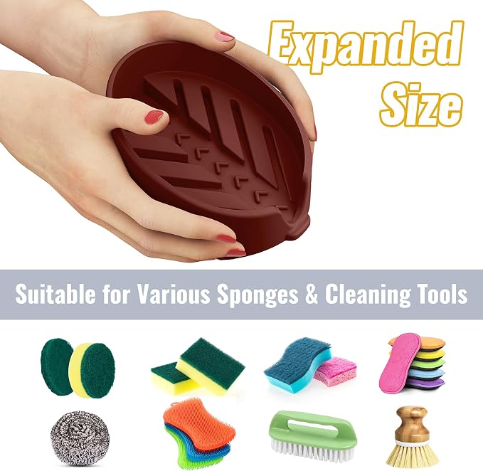 NiHome Silicone Sponge Holder for Kitchen Sink, Fits Scrub Daddy Mommy | Self-Draining Dispenser Organizer Tray, Sink Caddy Countertop Fits Soaps, Scrubber, Dishwasher Safe, Includes Brush
