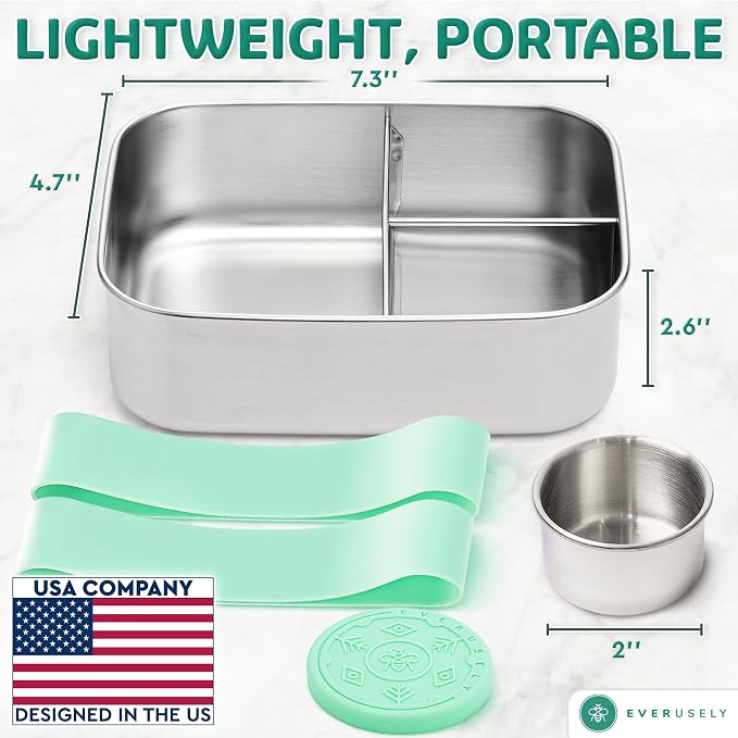 Stainless Steel Bento Box + Condiment Container - Green, 37oz / 1.1 L | Everusely metal lunch box, leakproof sauce container, 3 compartment snack organizer for travel, freezer & dishwasher safe