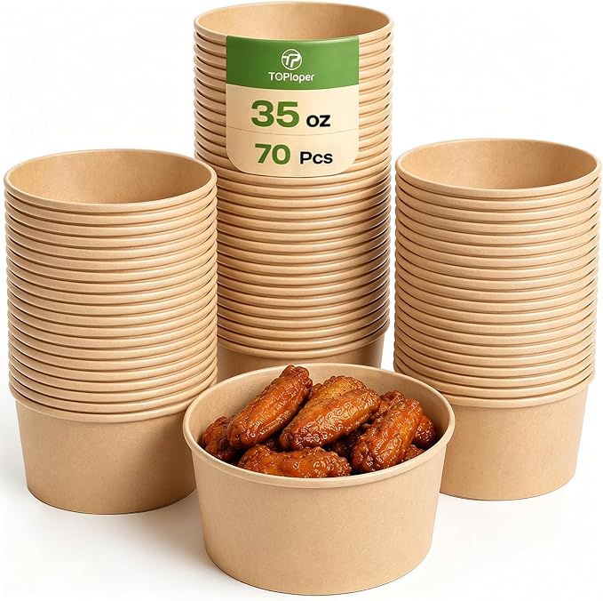 TOPtoper 35 Oz Large Paper Bowls【WITHOUT LIDS】 70 Pack Disposable Soup Bowls Plastic Free Party Supplies for Hot/Cold Food, Soup (35 OZ)