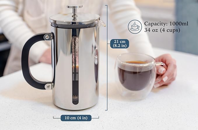 High Borosilicate Glass French Press Coffee Maker with 304 Stainless Steel, 1000 ml Capacity - Classic Elegance and Modern Design for Coffee Enthusiasts
