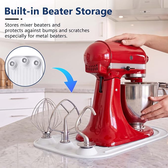 Upgraded Mixer Slider Mat for KitchenAid 4.5-5 Qt Tilt-Head Stand Mixer | Silicone Countertop Mover with 3 Attachment Storage Slots, Non-Slip Mixer Pad Organizer for Dough Hook Whisk Flat Beater