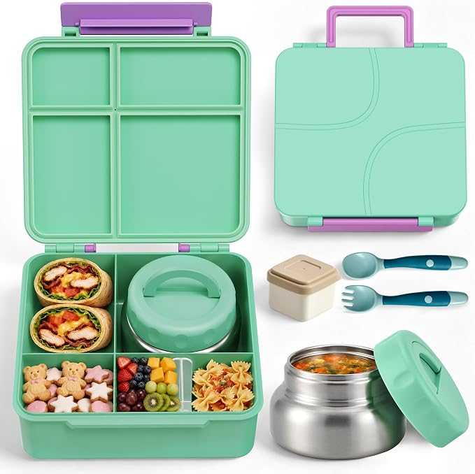 JSLOVE Bento Lunch Box with Leak Proof Thermos Food Jar for Kids, Food Lunch Containers for Girls with 4 Compartments, BPA-Free with Utensils, Food Picks, Sauce Jar & Silicone Lunch Box Dividers