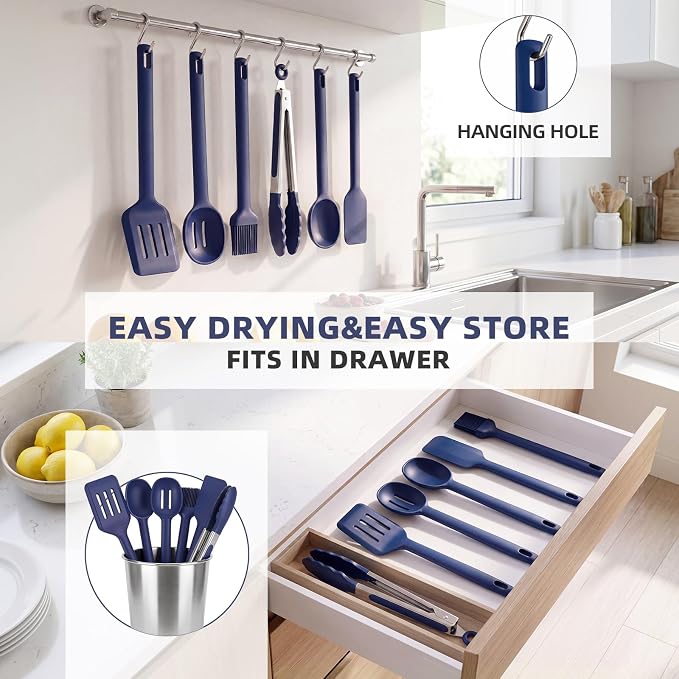 Kitchen Utensils Set 6 PCS,Silicone Cooking Utensils Set Spatula Set,446℉ Heat Resistant Cooking Utensils,Tongs,Spoon,BPA Free Kitchen Gadgets Appliances for Non-Stick Cookware,Home Essential(BLUE-6P)