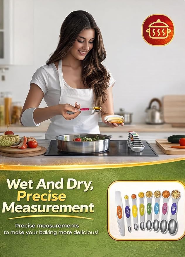 Premium Magnetic Measuring Spoons Set|Strong N52 Magnets|Heavy Duty Stainless Steel|Dual-Sided for Spice Jar & Liquid Measuring|Dishwasher Safe|7 Spoons with Leveler for Baking & Cooking (Colorful)