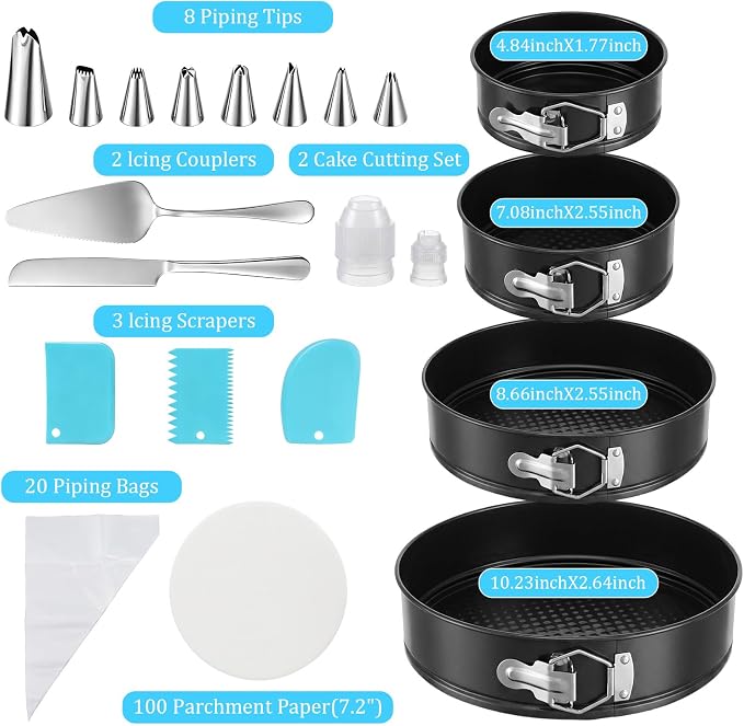 139pcs Springform Cake Pans Set+Cake Decorating Supplies:4 Non-stick Cheesecake Pans(4/7/9/10-Inch) ,Parchment Paper, Pastry Bags and Tips, Icing Scrapers, Cake Cutting Set, Leak-Proof Cheesecake Pan