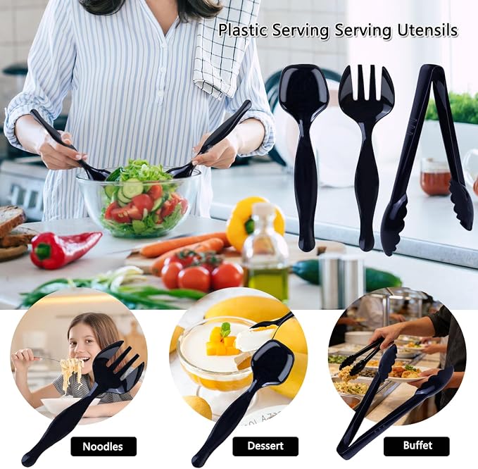 36Pcs Black Plastic Serving Utensils, Spoons Forks and Tongs Set (Black) | Disposable party utensils for dinner parties, buffets, salad, noodles, soup and weddings, clear serving supplies set