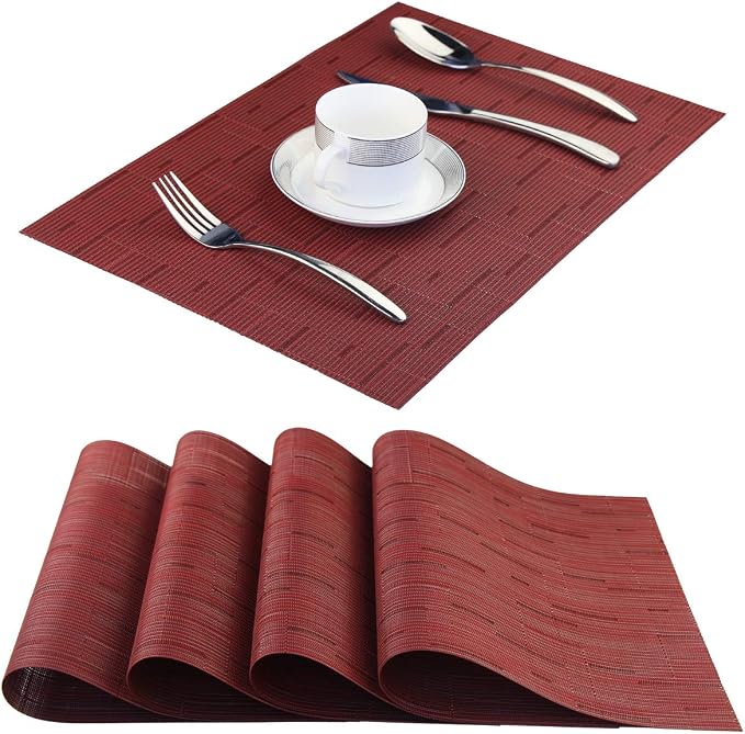Vinyl Placemats,Washable Table Mats Easy to Clean Woven Placemats for Dining Table Set of 4 (Burgundy Red)