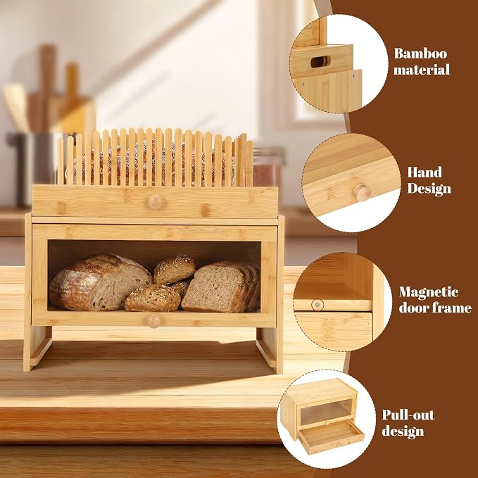 3in1 Bread Box for Kitchen Countertopm with Bread Slicer Bread Serving Tray | Bamboo Bread Storage for Homemade Bread, Bread Slicer for Homemade Bread for Slicer Storage and Bread Tray
