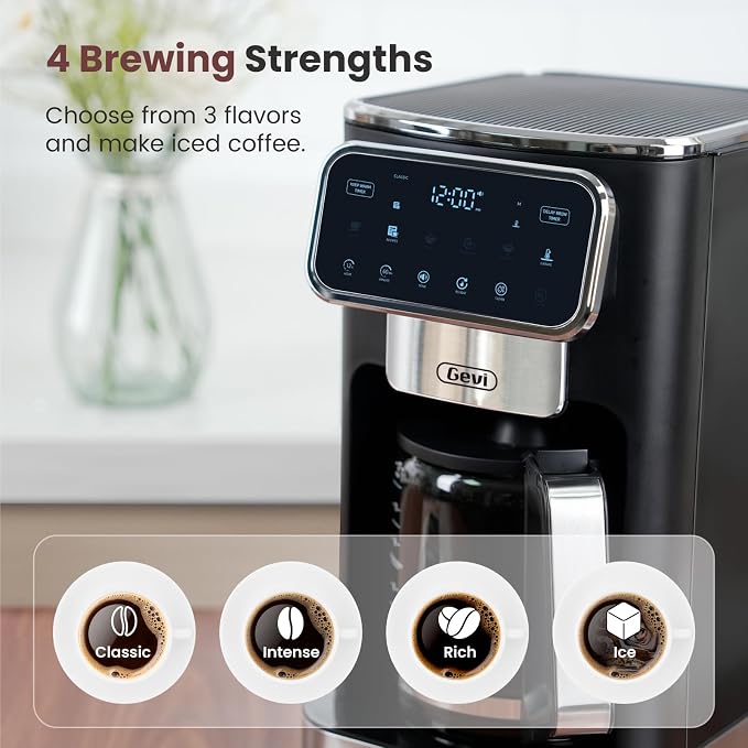 Gevi Touchscreen 12-Cup Coffee Maker, Bold & Iced Brew, Glass Carafe | 12-Cup Drip Brewer, Programmable Timer, 4H Warm Plate, Auto Shutoff, Reusable Filter