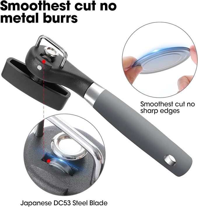 Beneno Can Opener, Manual Side Safe Cut Can Opener Smooth Edge, Gray | Durable Sharp DC53 Steel Cutting Blade, Clean Cut with no Sharp Can Edges, Big Effort-Saving Knob, Comfortable Non-Slip Grip