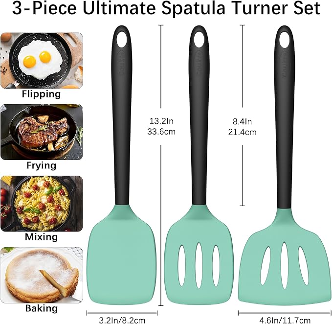 Coukre 3 Pack Silicone Spatula Set, Heat Resistant to 500°F, BPA-Free | Fish Spatula, Solid & Slotted Turners, Dishwasher Safe, Spatula Set for Eggs, Pancakes, Fish & Burgers, AquaGreenBlack