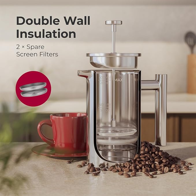 MuellerLiving French Press Coffee Maker 20oz, Stainless Steel French Press Coffee, 4 Filter Heat Resistant Double Insulated, Rust-Free, Food Grade, Dishwasher Safe Coffee Pot | 20oz | Stainless Steel | 4 Filter Heat Resistant Double Insulated | Rust-Fr...