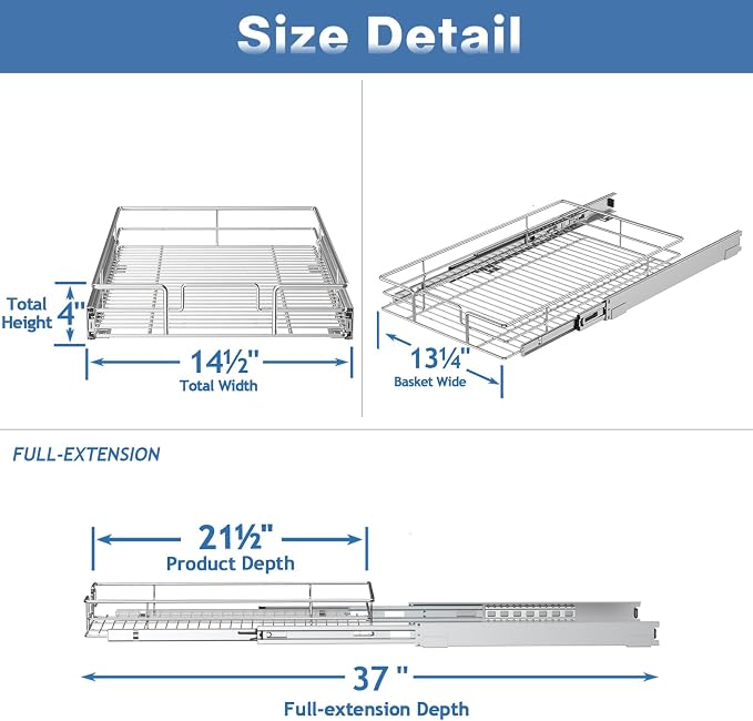 Pull Out Cabinet Organizer 14½" W x 21½" D, Heavy Duty Cabinet Pull Out Shelves, Slide Out Drawers Organization for Kitchen Cabinets Bathroom