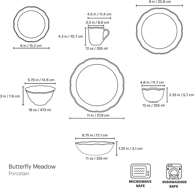 Lenox Butterfly Meadow Porcelain 28-Piece Dinnerware Set for 4 | ceramic, dishwasher safe, microwave safe | plates and bowls sets for kitchen and dining | 11 inch plate