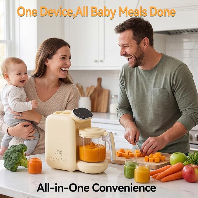 Chefhandy Baby Food Maker, One-Step Steamer & Blender, Yellow | Stainless steel basket, BPA-free food-contact parts, Adjustable texture, Homemade baby meals, 6 food pouches, Recipe guide