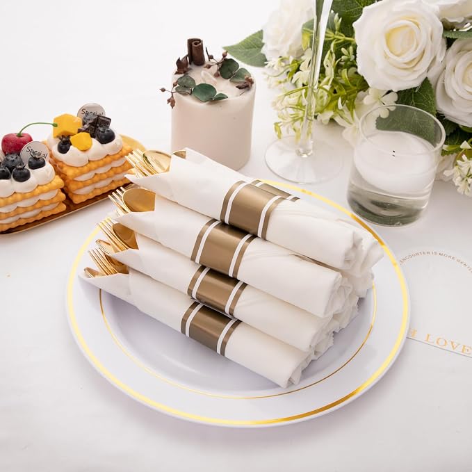 400PCS Pre Rolled Gold Plastic Silverware Set Heavy Duty for Wedding | Wrapped Utensils, Disposable Cutlery, 100 Pack, Durable and Sturdy, BPA free, Includes Napkins, for Party, Event Supplies