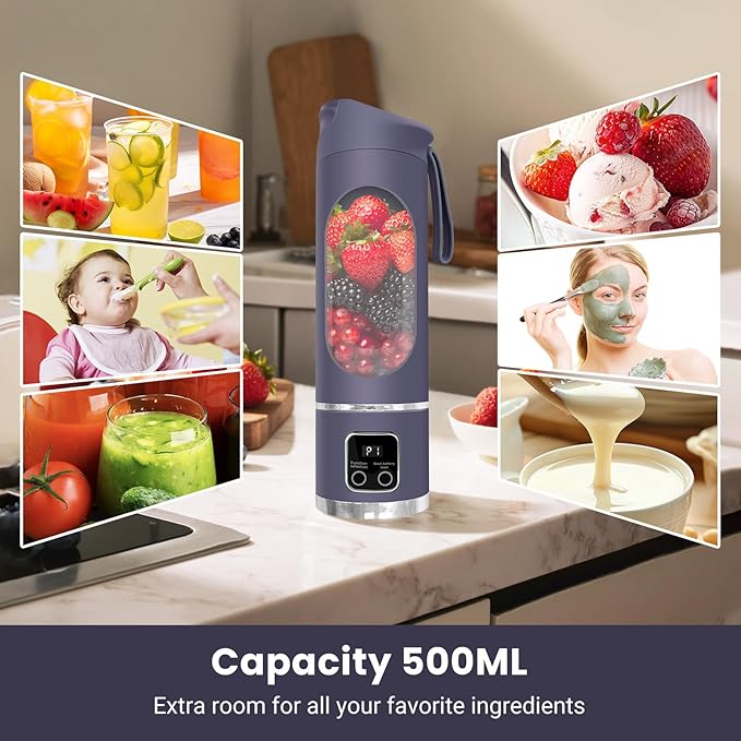 Personal Blender 500ml, USB-C, Ice Crush | BPA-free PCTG cup,304SS blades,50W ice crush,USB-C rechargeable,500ml lightweight,for gym/outdoor/beach/office/travel