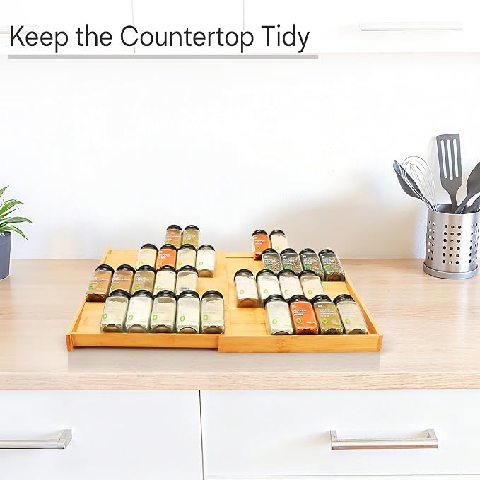 Bamboo Spice Drawer Organizer, 4-Tier Spice Rack for Cabinet | 12"-23" Expandable,No Assembly,Seasoning Storage Insert,(Need 3.1” Deep Drawer) Spice Organizer for Drawer,Jars Not Included