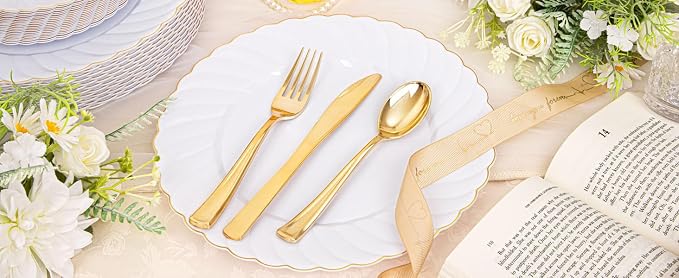 YOUBET 125PCS White and Gold Plastic Plates for Wedding Parties | White Plates Disposable with Gold Rim Include 25 Dinner Plate 25 Dessert Plate 75 Gold Silverwares