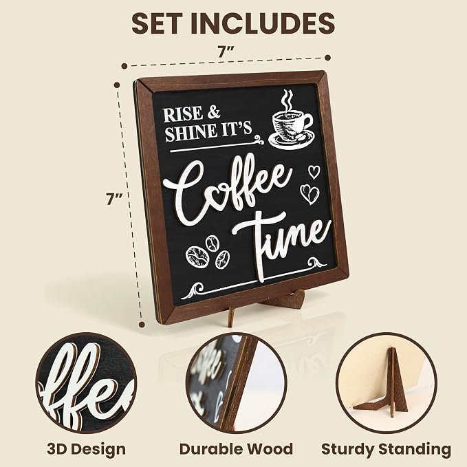 Vintage Coffee Sign for Coffee Station, 7.17 in Wood Cafe Decor | 1 wood sign 7.17 in square, coffee bar and kitchen tabletop decor, farmhouse cafe accent, gift