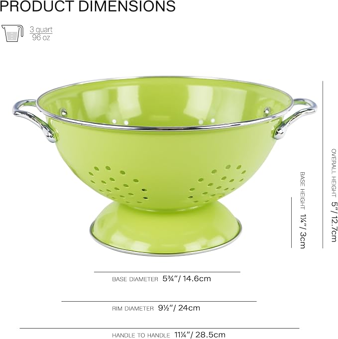Reston Lloyd, 3 Quart Powder Coated Steel Kitchen Strainer Basket for draining Pasta, Vegetable and Fruit, Chrome Handles and Wide Stable Base, Lime