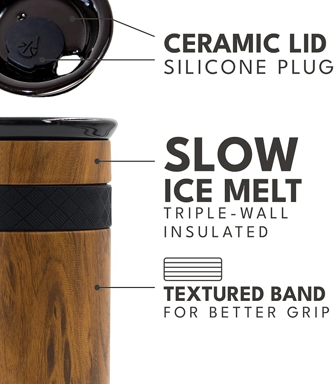 Elemental Artisan 12oz Triple-Wall Insulated Coffee Tumbler w/Ceramic Lid | Triple Wall Coffee Travel Mug, Reusable Stainless Steel Coffee Tumbler; Thermal Coffee Cups for Hot (6 Hrs) & Cold (18 Hrs)