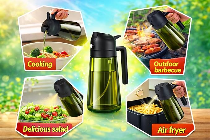 Oil Sprayer for Cooking, 2 in 1, Olive Oil Dispenser Bottle for Kitchen, 16oz/473ml, Premium Dark Green Glass Oil Bottle, Oil Sprayer for Air Fryer, Salad, Frying, BBQ. (Black) (Green)