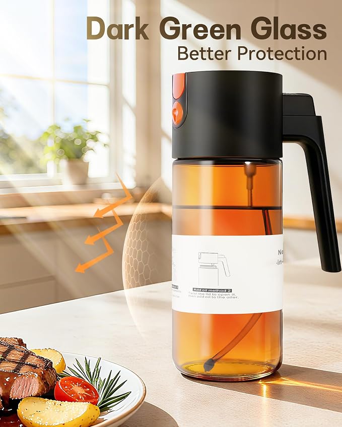 Olive Oil Sprayer & Dispenser for Cooking, 17oz Dark Glass Oil Mister, 2PC | 2-in-1 Sprayer & Pourer, Fine mist, Leakproof, Light-Blocking, Wide Mouth for Easy Refill & Clean, 8 Oil Labels, Reusable