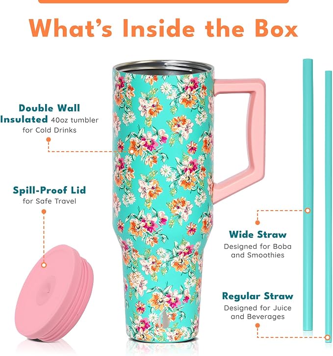 Elemental Spill Proof 40oz Insulated Tumbler with Handle & Straw Travel Mug | Stainless Steel Commuter Travel Coffee Mug for Cold Beverages, Includes 2 Straws & a Spill Proof Lid for Everyday Use