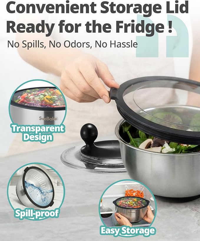 Stainless Steel Salad Spinner with Storage Lid, 5.3 Qt, BPA-Free, 4-in-1 Multi-Functional Lettuce Spinner, Fruit & Vegetable Washer, Easy Clean, Stop Button, Non-Slip Base