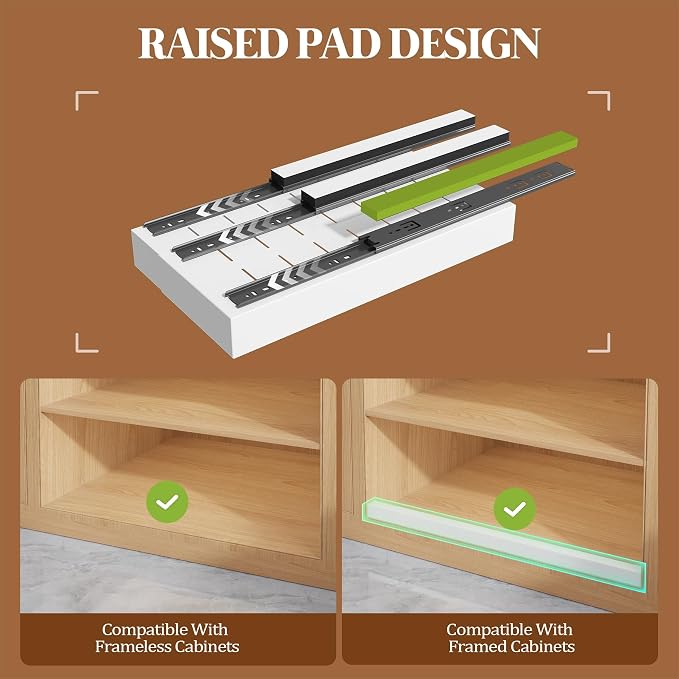 Seinloes 4 Pack Expandable Pull Out Cabinet Organizer 21" Deep With Raising Pad for Framed Cabinets,Upgrade 3 Slide Rails Slide Out Drawers,No Drill Roll Out Shelves,Adjustable Width 9"-14" White