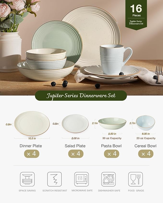 Famiware Jupiter Stoneware Dinnerware Sets with Pasta Bowls, Dishes for 4 | 16 pcs Speckled Plates and Double Bowls with Rim, Chip & Scratch Resistant, Microwave & Dishwasher Safe, Neutral Multicolor