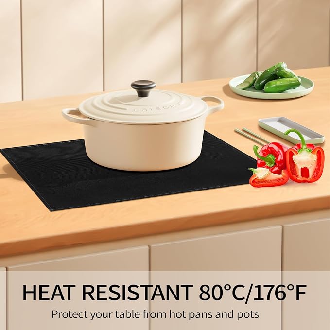 Black Placemats Set of 8, 12x18 Inch Faux Linen Table Mats | Heat Resistant and Washable Design, Easy to Clean Surface for Dining Rooms, Kitchens, Outdoor Parties and Everyday Home Decor