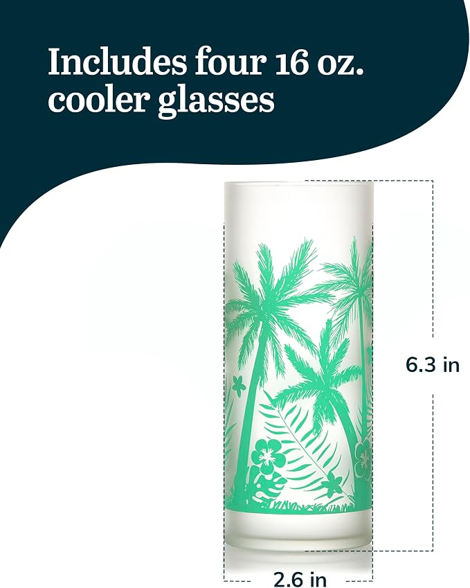 Libbey Vintage Palms Drinking Glasses Set of 4, Colorful, Retro Palm Tree Design Glass Cups Set, Dishwasher Safe Water Glasses Set for Cocktails