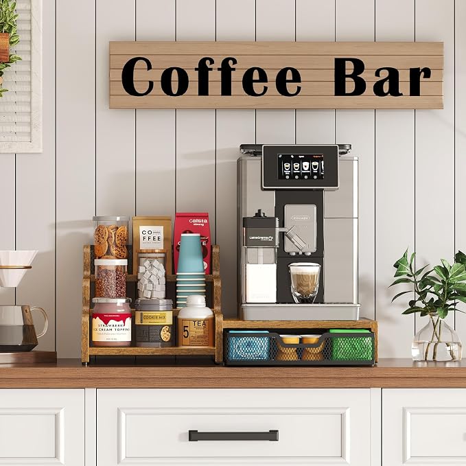 Coffee Station Organizer with K Cup Holder, 28 Pod Capacity,3-Tier Syrup Rack with Coffee Pod Holder Drawer, Coffee Bar organizer Countertop for Accessories,Rustic Brown