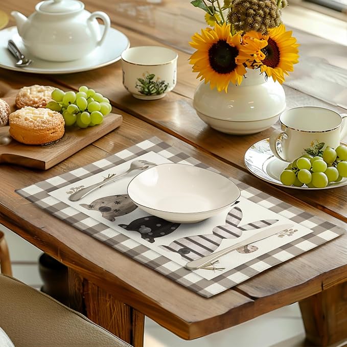 Easter Bunny Buffalo Plaid Placemats Set of 4 Rabbit Spring Egg Dining Table Placemats 12x18 Inch Check Brown White Heat Resistant Washable Table Mats for Kitchen Dining Holiday Indoor