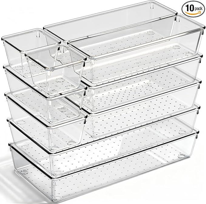 Drawer Organizer, 10 Pack Large Clear Plastic Organizer Bins 5 Sizes, Versatile Bathroom Drawer Trays, Heavy Duty Non‑Slip Drawer Dividers for Makeup, Office & Kitchen Utensils