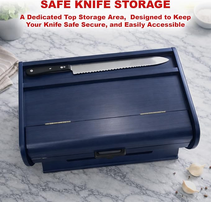KNIFEPLANET Premium FULLY ASSEMBLED Modern Blue Bread Box – Extra Large Real Wood Bread Box for Kitchen Countertop Storage, Thick Durable Construction, Double Layer Design (17.5" x 10" x 12")