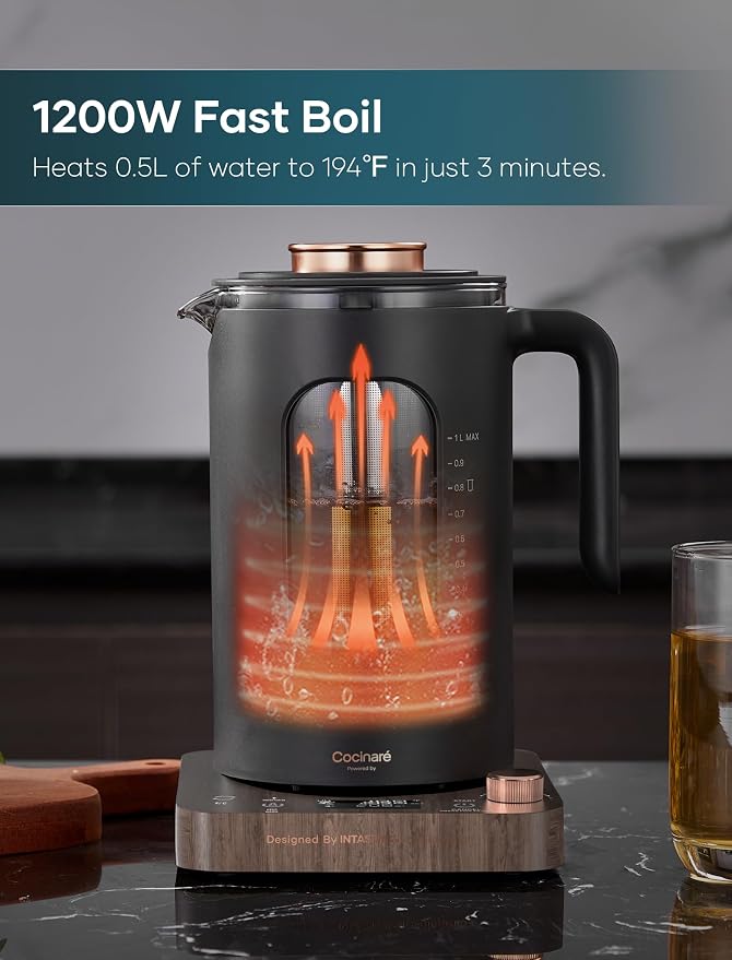 INTASTING Electric Kettle, Electric Tea Kettle with Infuser, 1 Liter | ±1℉ Temperature Control, 1200W Fast Heating, BPA-Free Glass, Easy to Clean, Keep-warm, Auto shut-off, Wood
