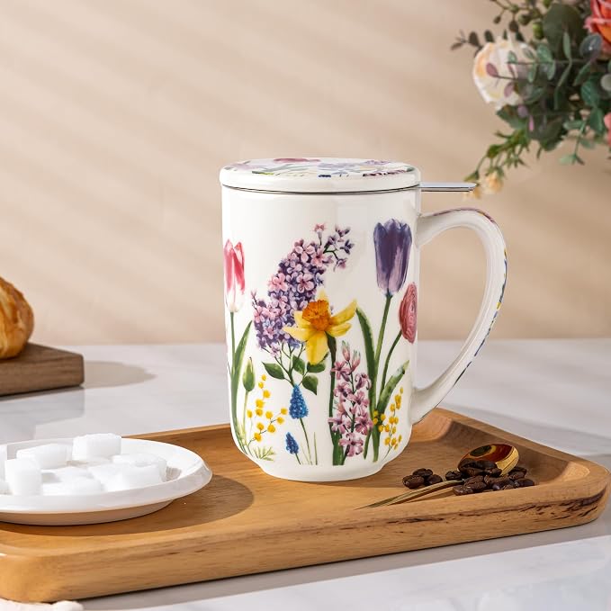 GBhome Tea Mug with Infuser and Lid,18 Ounce Ceramic Loose Leaf Cup Steeper | Lead-Free Glaze For Tea Lovers,Microwave & Dishwasher Safe with Tea Strainer