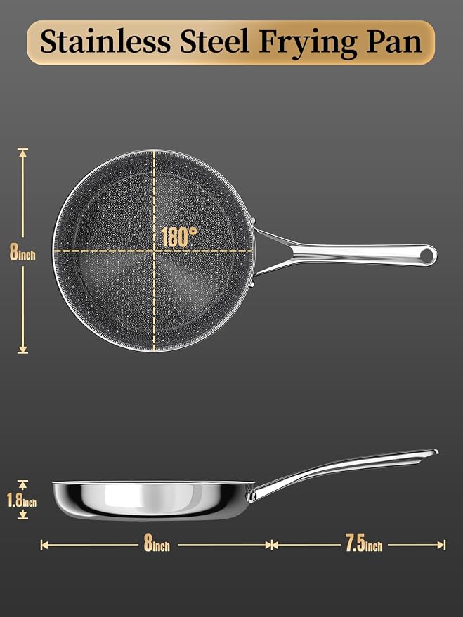 8 Inch Non Stick Frying Pans,Ceramic Nonstick Coating Skillet | Stainless Steel, PFAS/PFOA/PTFE-free & non-toxic. Compatible with All Stovetops. Oven & dishwasher safe. Stay cool handle