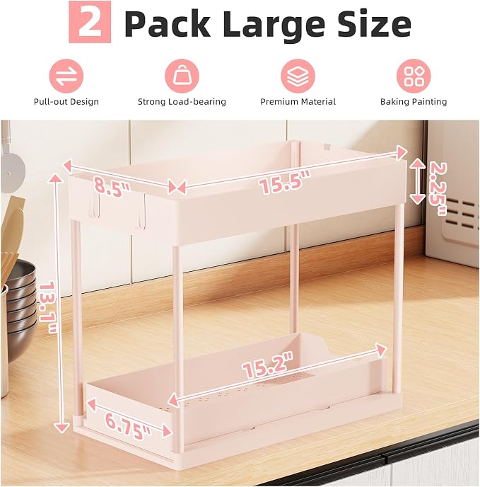 Simple Trending Under Sink Organizer 2 Pack, with Sliding Drawer, Pink | 2-Tier Multi-Use Under Shelf Organizer with Hooks, Sink Pull-Out Sliding Storage Cabinet for Kitchen Bathroom, Easy Assembly