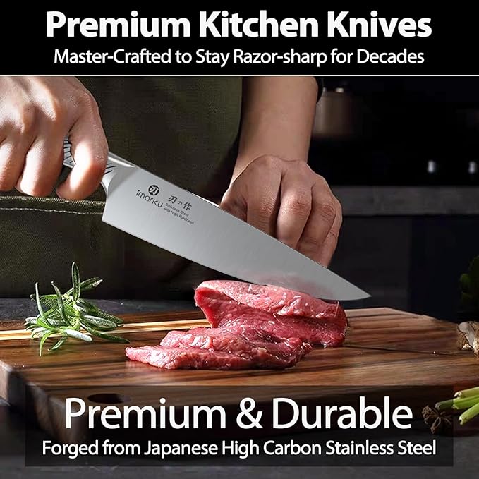imarku 14 Piece Stainless Steel Knife Set with Build-in Sharpener | Japanese High-Carbon Stainless Steel Blades | 56±2 HRC Hardness | Full Tang Ergonomic Handle | Ideal Home Cooking Gift