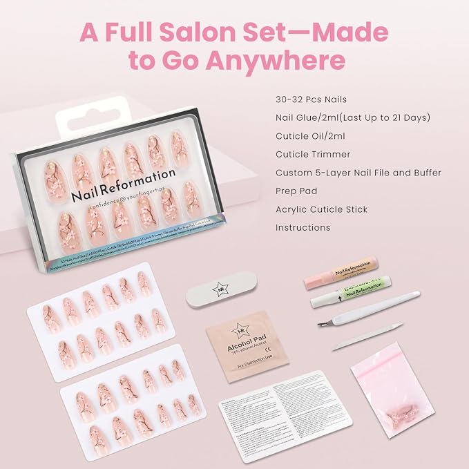 Nail Reformation Press On Nails, Soft Sakura | Floral Medium Almond 30 Pcs | 15 Sizes Fake Nails with Gold Flecks on Sheer Nude Base Salon Quality Reusable Stick On Nails False Nail Kit Gifts for Women