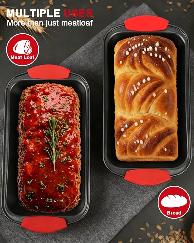Meatloaf Pan with Drain Tray, 2PCS Nonstick Meat Loaf Pan with Drip Insert | Includes Spatula & Basting Brush, Versatile Baking Pan with Silicone Grip for Meatloaf, Bread, Roast, Cakes, Carbon Steel