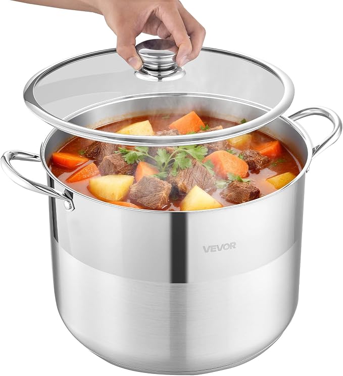 VEVOR Stainless Steel Stock Pot, 16QT Stainless Steel Stockpot with Glass Lid, PFOA-Free, PFAS-Free, Compatible with Gas Stoves, Induction Cooktops, Electric Stoves, for Soups, Stews, and Pasta