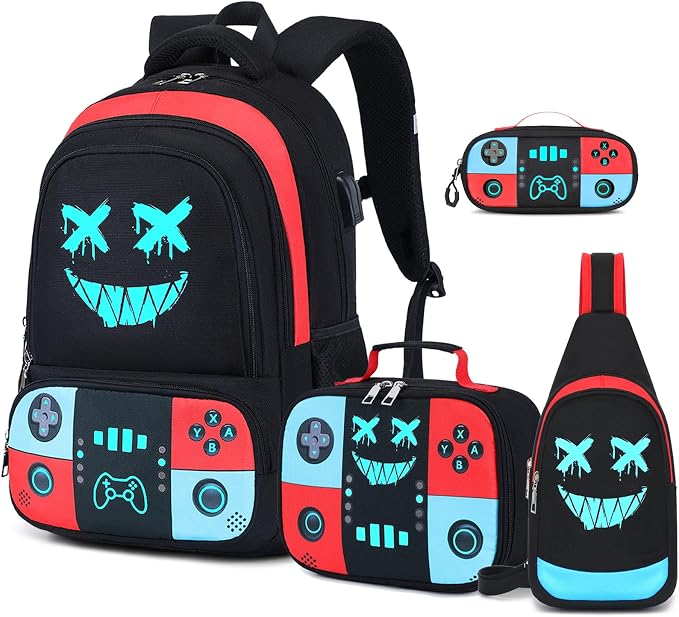 Backpack for School Boys, Cool Luminous Gamer Boys Schoolbag | with Lunch Box & Pencil Case Set for Kids Teens Elementary Middle School, Bookbag Glow In The Dark