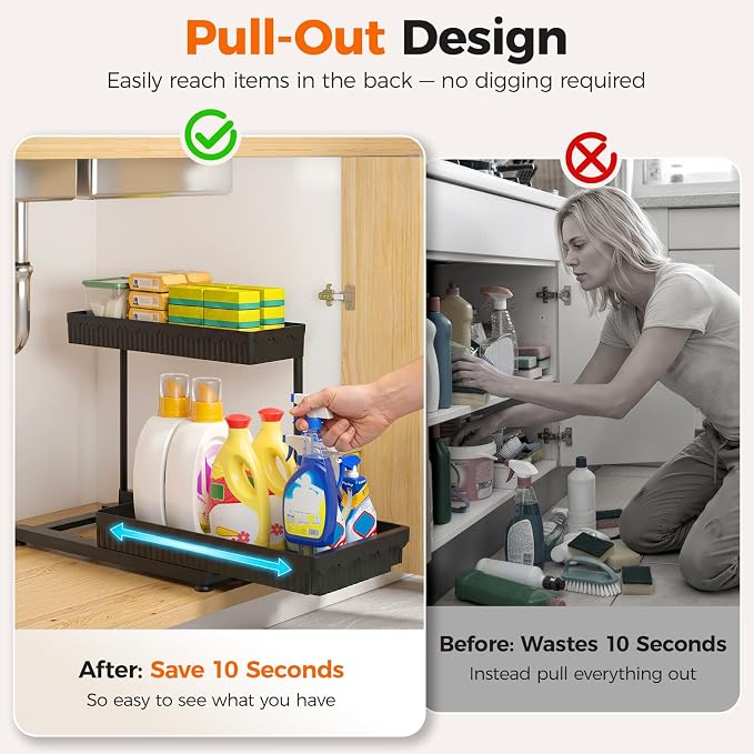 3-Pack 2-Tier L-Shaped Under Sink Organizers with Sliding Drawers | Multi-use kitchen & bathroom storage, 12.85 inch black cabinet organizer, space-saving sliding drawer design.